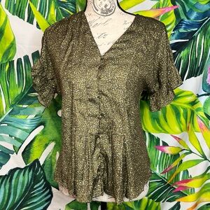 Anthropologie Dolan XS Olive Green Speckled Cinch Back Office V Neck Blouse